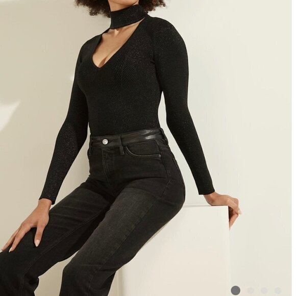 NWOT Guess Long sleeve Black Top Size Small with  Mock neckline - Picture 1 of 8